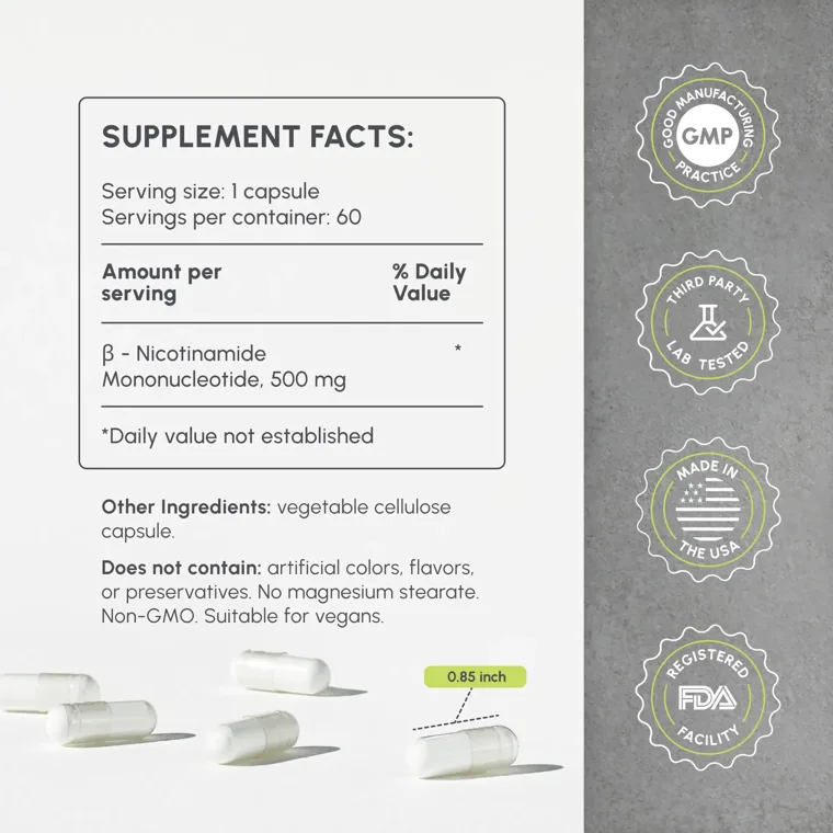 PartiQlar Pure NMN supplement facts label: serving size 1 capsule, 60 servings, 500 mg NMN, vegetable cellulose capsule, with GMP, third-party tested, Made in USA and FDA registered facility badges