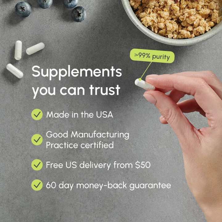 PartiQlar marketing panel listing Made in the USA, GMP certified, free US delivery from 50 dollars and 60-day money-back guarantee