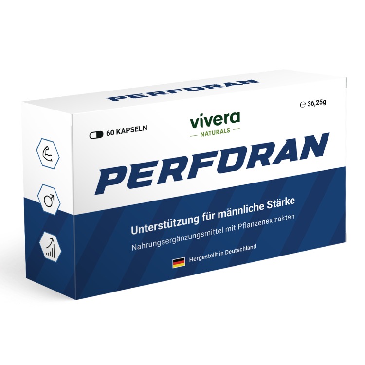 Produktfoto von Perforan: eine weiß-blaue Faltschachtel mit der Aufschrift vivera NATURALS, PERFORAN, 60 Kapseln und 36,25 g