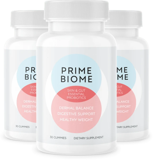 Three PrimeBiome bottles, Skin and Gut Essential Probiotics, 30 gummies each, from the seller's materials