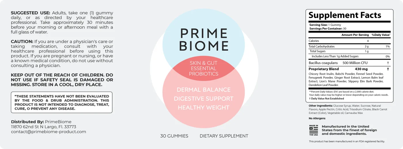 PrimeBiome's own label as the seller publishes it: a Supplement Facts panel for one gummy, 30 per container, listing Bacillus coagulans 500 million CFU and a 430 mg proprietary blend of chicory root inulin, babchi, fennel seed, fenugreek, ginger root, lemon balm, Lion's Mane, slippery elm bark and dandelion leaf, beside the suggested use and caution text