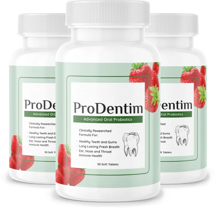 Three ProDentim bottles, white with a mint-green label reading Advanced Oral Probiotics and 30 Soft Tablets