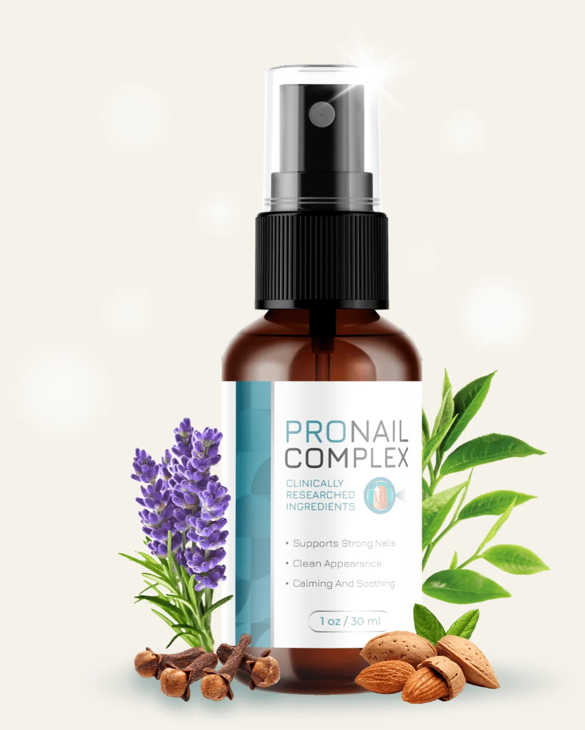 ProNail Complex spray bottle with lavender, tea tree and almond botanicals, from the seller's own product render