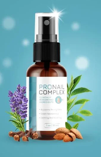 ProNail Complex bottle photographed by the seller: an amber glass mist-spray bottle with a black pump, the label reading PRONAIL COMPLEX, Clinically Researched Ingredients, Supports Strong Nails, Clean Appearance, Calming And Soothing, 1 oz / 30 ml, with lavender, cloves, almonds and green leaves around it