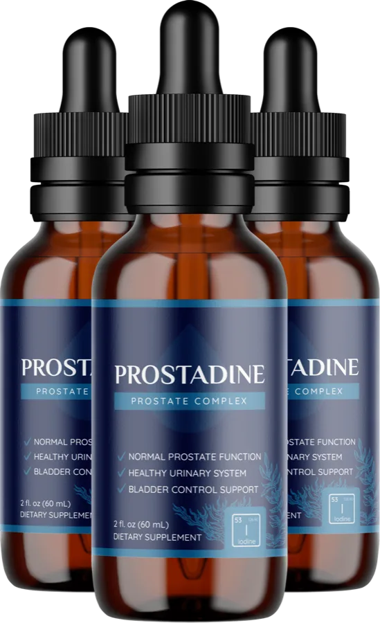 Three Prostadine bottles side by side, each a 2 fl oz (60 mL) amber dropper bottle labelled Prostate Complex, dietary supplement
