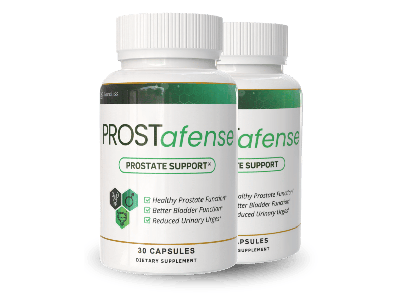 ProstaFense front label, read from the seller's own product photo: manufacturer mark NuraLiss, PROSTATE SUPPORT with an asterisk, three checked structure-function claims, and 30 CAPSULES