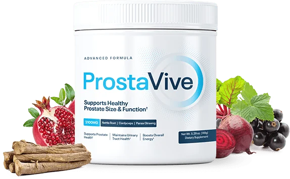 ProstaVive tub photographed by the seller: a white tub reading ADVANCED FORMULA, ProstaVive, 2100MG, Nettle Root, Cordyceps, Panax Ginseng, Net Wt. 5.29 oz (148g), with pomegranate, beetroot, blackcurrant and roots arranged around it