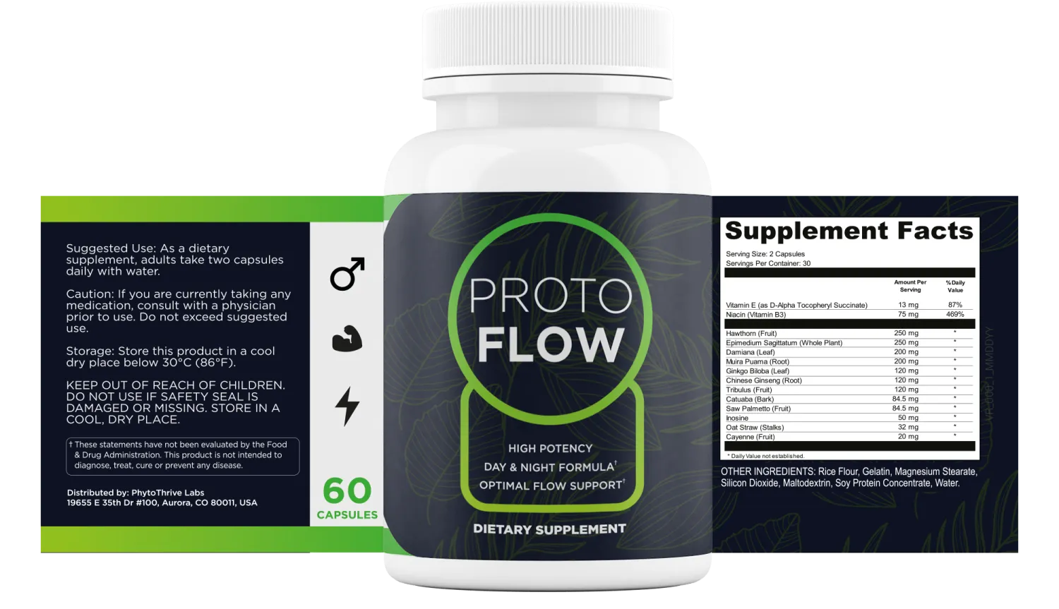 Protoflow's own flat label photo, showing the full Supplement Facts panel with all fourteen actives and their milligram amounts, from the seller's product materials