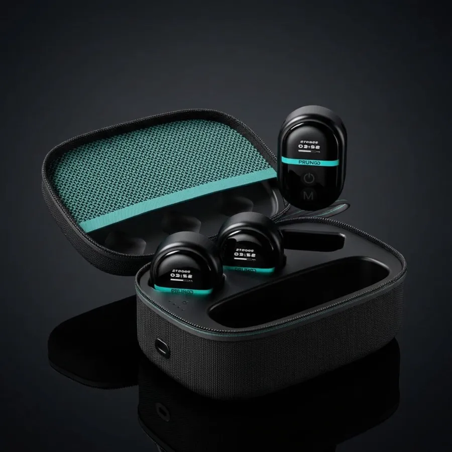 The PRUNGO charging case open on a dark background with three FluxGo modules, one lifted out, the case lined in teal fabric