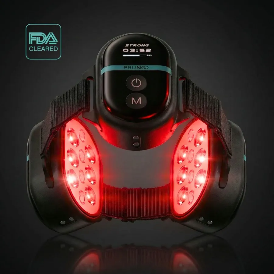 A PRUNGO FluxGo module lit red on a dark background, its screen reading STRONG with a countdown, two banks of red LEDs glowing and an FDA Cleared badge printed at the top left of the vendor photograph