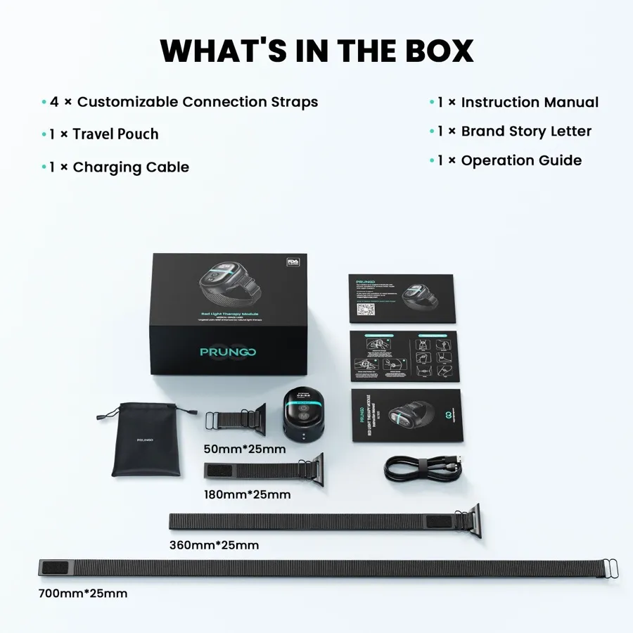The PRUNGO FluxGo Lite contents laid out on white: the black retail carton printed Red Light Therapy Module with an FDA Cleared badge, a pouch, four straps of 50, 180, 360 and 700 millimeters, a charging cable, the module and three cards