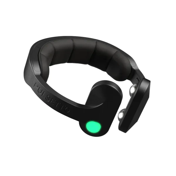 The Pulsetto Fit band on its own, matte black with the green indicator lit, on a plain background