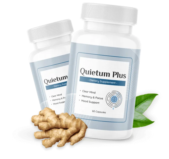 Two Quietum Plus bottles, white with a blue label reading Dietary Supplement, Clear Mind, Memory and Focus, Mood Support, 60 Capsules