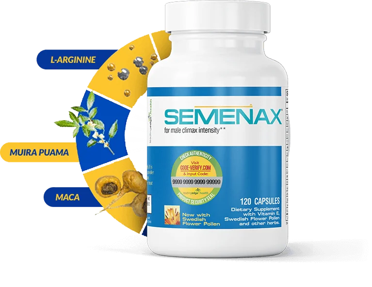 Semenax 120-capsule bottle with ingredient callouts for L-Arginine, Muira Puama and Maca, from the maker's materials
