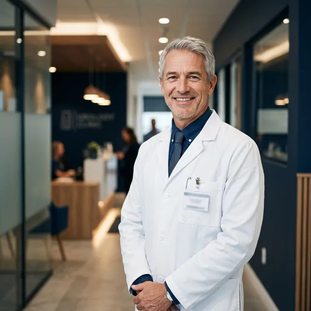 Portrait of a clinician in a modern blue-toned clinic