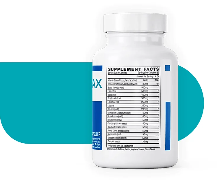 Semenax supplement facts label listing doses per 4-capsule serving, including zinc aspartate 30 mg, maca 400 mg, pine bark 300 mg, L-Arginine 250 mg and L-Lysine 250 mg