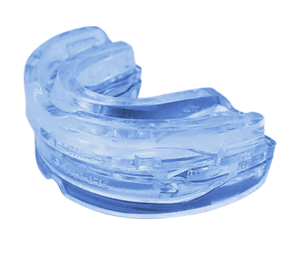 SleepZee boil-and-bite anti-snoring mouthpiece in translucent blue