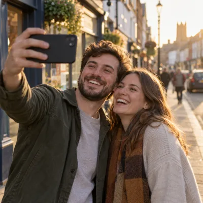 A couple in their late twenties laugh together on a high street at golden hour