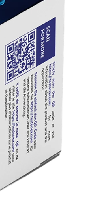 Testonax-Verpackung, QR-Feld auf der Seitenlasche, Produktfoto des Anbieters