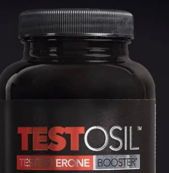 Nahaufnahme der Testosil-Flasche: geriffelter schwarzer Deckel, das TESTOSIL-Logo und der rote Balken TESTOSTERONE BOOSTER auf dunklem Bernsteinglas