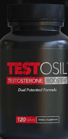 Produktfoto des Herstellers: die Testosil-Flasche vor dunklem Hintergrund, das Etikett liest TESTOSIL, TESTOSTERONE BOOSTER, Dual Patented Formula, 120 Capsules, Dietary Supplement