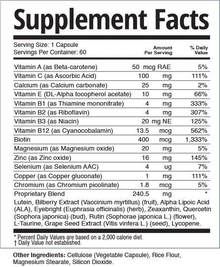 TheyaVue's own Supplement Facts panel, Serving Size 1 Capsule, Servings Per Container 60, from the seller's product materials