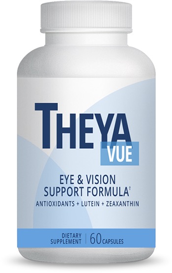 TheyaVue product photo: a white bottle labelled Eye and Vision Support Formula, Antioxidants plus Lutein plus Zeaxanthin, Dietary Supplement, 60 Capsules