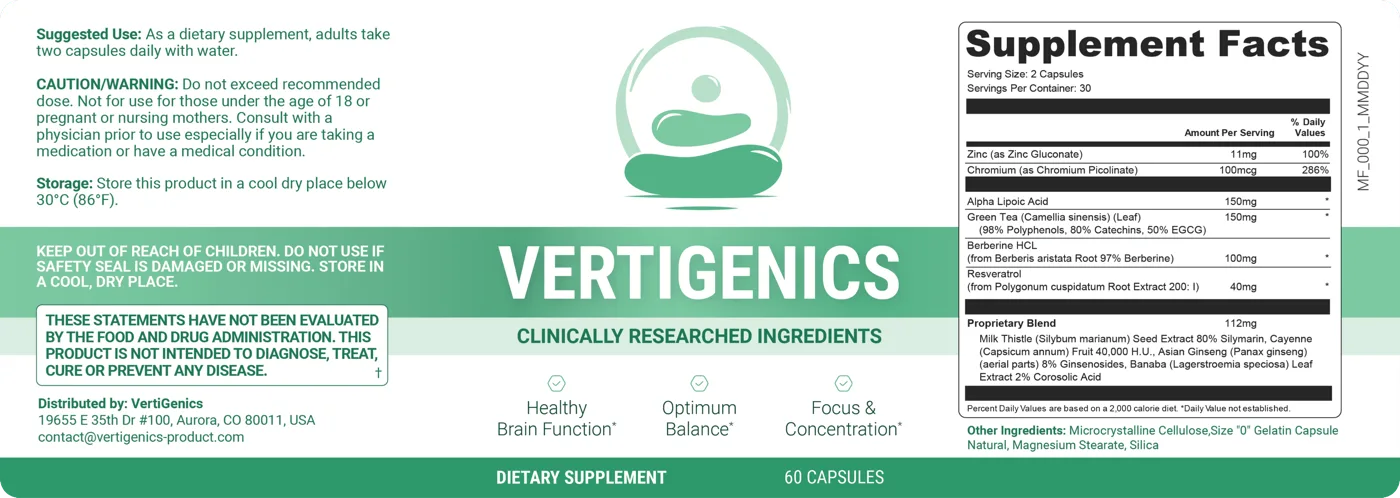 The Vertigenics label as the seller publishes it: a Supplement Facts panel listing zinc 11mg, chromium 100mcg, alpha lipoic acid 150mg, green tea leaf 150mg, berberine HCL 100mg, resveratrol 40mg and a 112mg proprietary blend, beside the suggested use and caution text