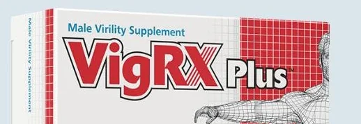 Die Oberseite der VigRX-Plus-Vorderseite: die Zeile Male Virility Supplement über dem VigRX-Plus-Logo, daneben ein rotes Feld mit einer Drahtgitter-Figur
