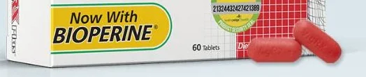 Lower front of the same VigRX Plus carton: a yellow Now With Bioperine badge, the line 60 Tablets, and two red tablets lying beside the carton