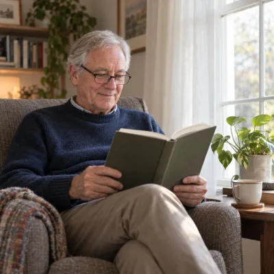 A man in his mid sixties reading a hardcover book in an armchair by a tall window, reading glasses on, a cup of tea beside him