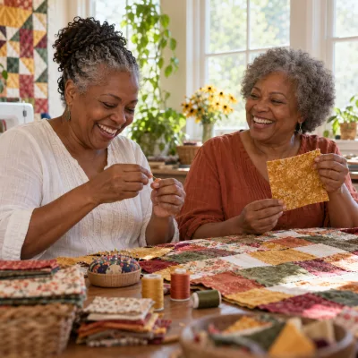 A woman in her late fifties threading a needle at a sunny table spread with a patchwork quilt, laughing with a friend holding up a square of fabric
