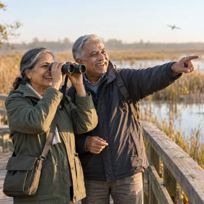 A couple in their early sixties laughing on a boardwalk at a marsh, she with binoculars and he pointing into the reeds