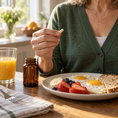 A woman's hand holding a single capsule beside a breakfast plate of eggs, toast and fruit, a plain unlabeled amber bottle next to the plate