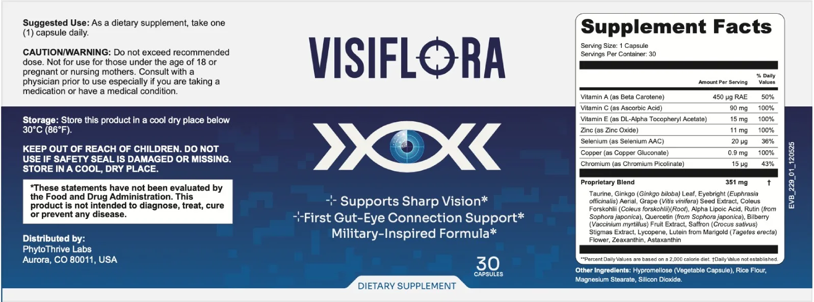 VisiFlora's own flat label image, showing the full Supplement Facts panel with seven itemized actives and a Proprietary Blend total, published on the seller's contact page
