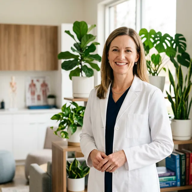 A woman doctor in a white coat smiling in a bright consulting room full of plants