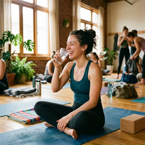 A woman with her hair tied up laughing on a yoga mat in a sunlit studio, a glass of water in her hand