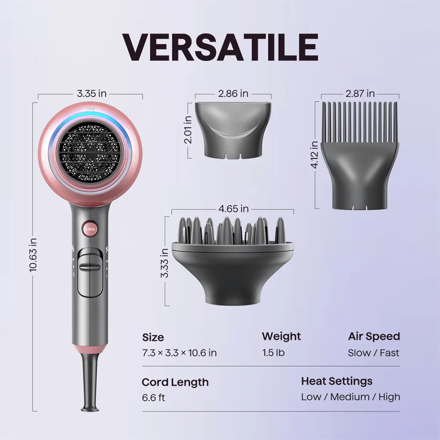 Wavytalk's spec image for the Blown Away, headed VERSATILE, with the dryer measured at 3.35 by 10.63 inches, the concentrator at 2.86 by 2.01 inches, the comb nozzle at 2.87 by 4.12 inches, the diffuser at 4.65 by 3.33 inches, and a table reading Size 7.3 x 3.3 x 10.6 in, Weight 1.5 lb, Air Speed Slow / Fast, Cord Length 6.6 ft, Heat Settings Low / Medium / High