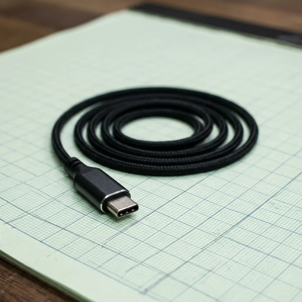 A single USB-C cable coiled on graph paper, the pad's only stated power source