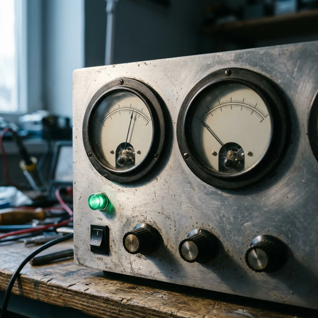 A benchtop power supply's analogue gauges, styled to echo the pad's own 5V/2A power reading