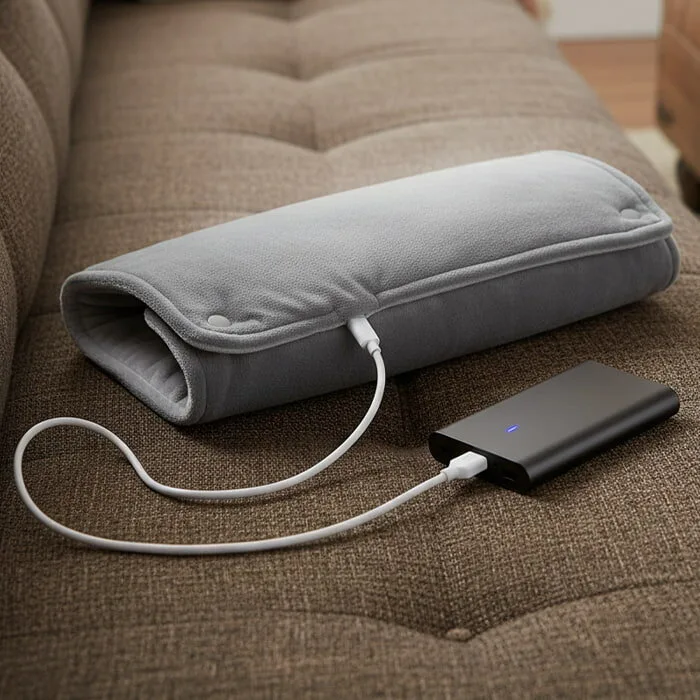 The WellaHeat Heating Pad plugged into a USB-C power bank on a couch, from the seller's own product photos