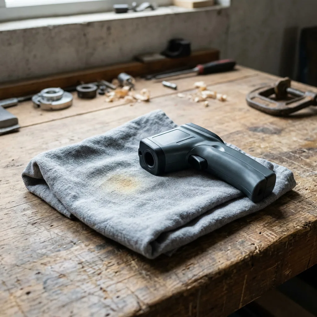 An infrared thermometer resting on a folded cloth, styled to echo reading a temperature claim rather than measuring the product