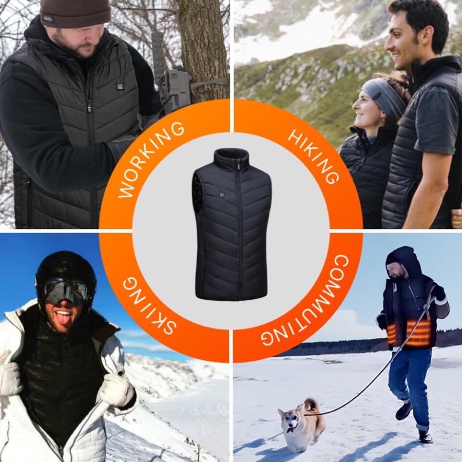 WellaHeat's own four-panel photo of the vest worn while working outdoors, hiking in the mountains, skiing and walking a dog in snow