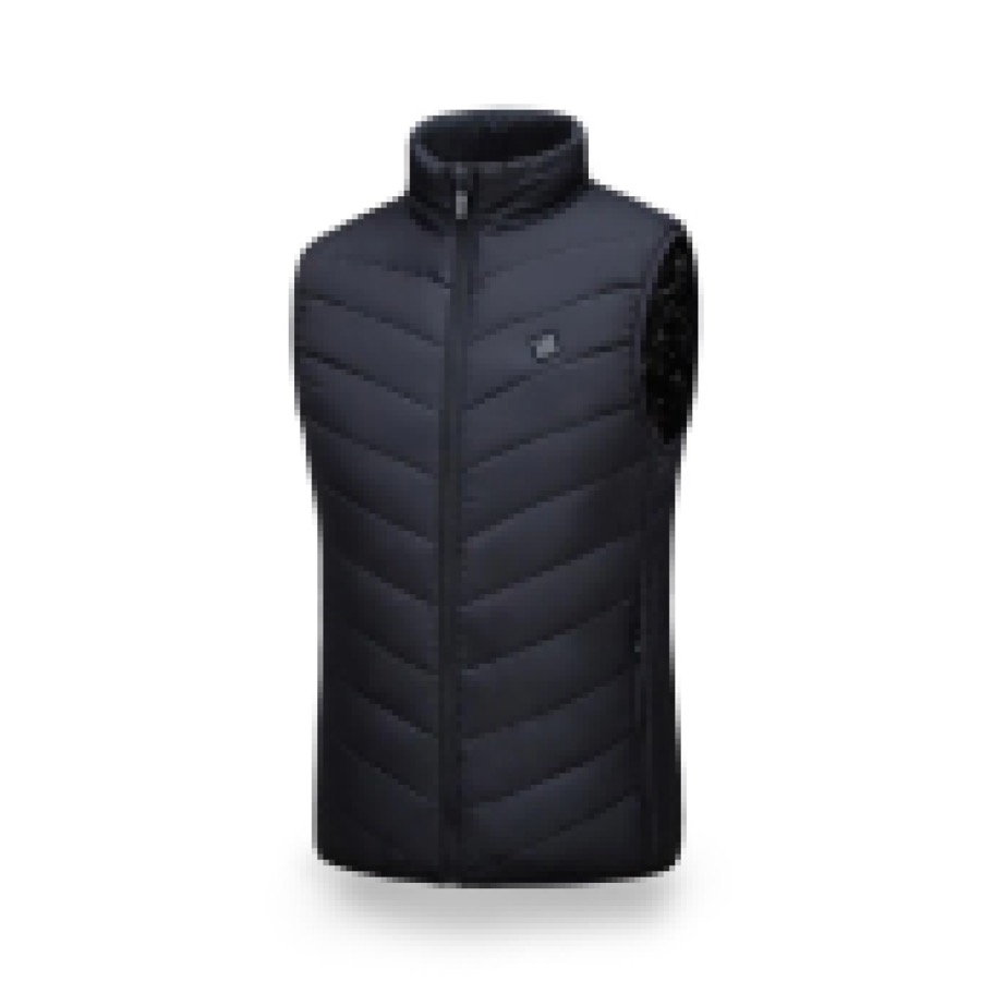 WellaHeat Heated Vest product photo: a black quilted sleeveless vest with a stand collar, a full-length zip and a small square control button on the left chest