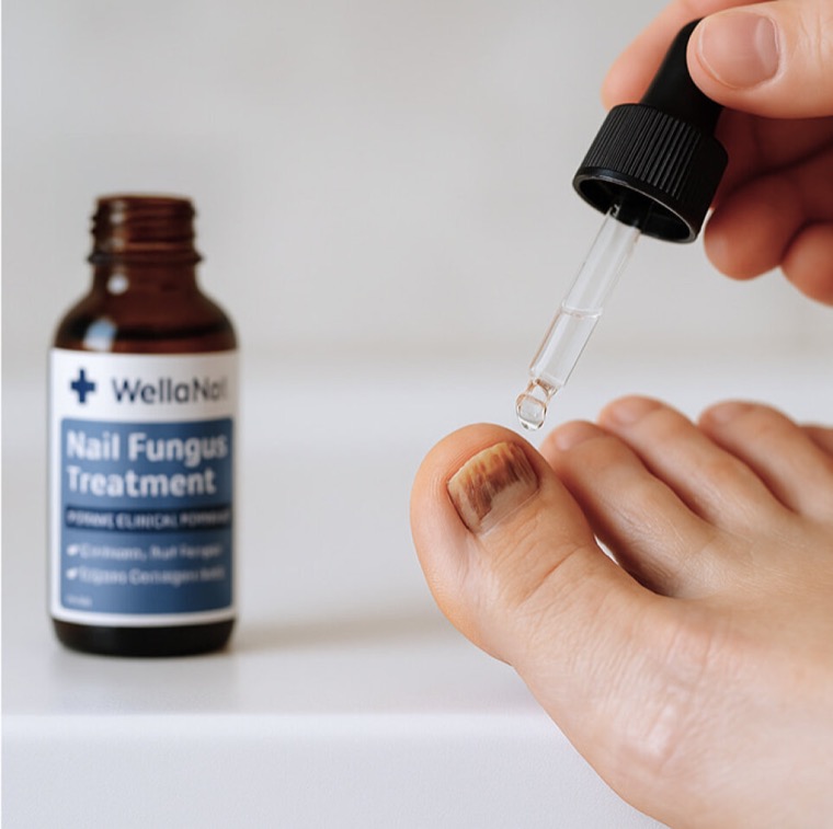 WellaNail's own photo of the dropper being held over a discolored toenail, the bottle standing behind it