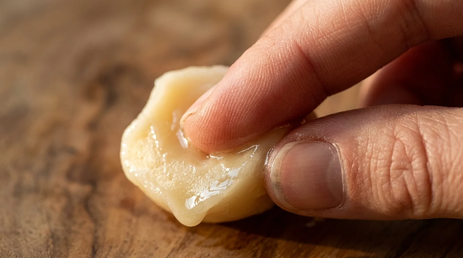 Extreme macro close-up of fingertips pressing into a pale golden-cream solid balm visibly softening into a glossy sheen from body warmth, warm wood-grain background, directional late-afternoon light