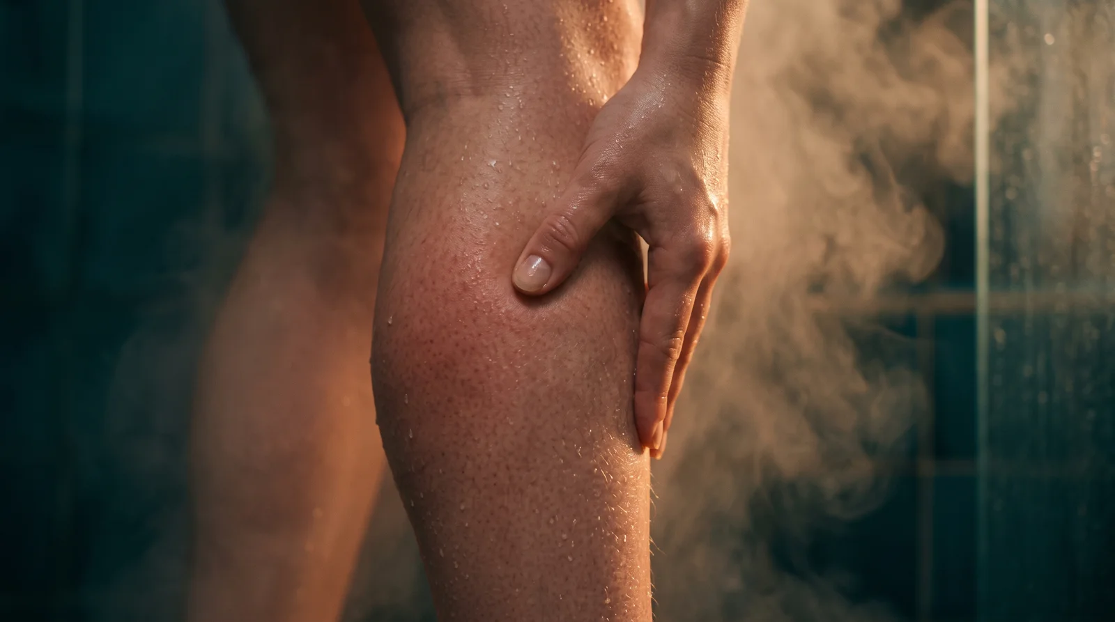 Close-up of a hand massaging a bare calf after a shower, fine mist droplets on damp skin under warm side light