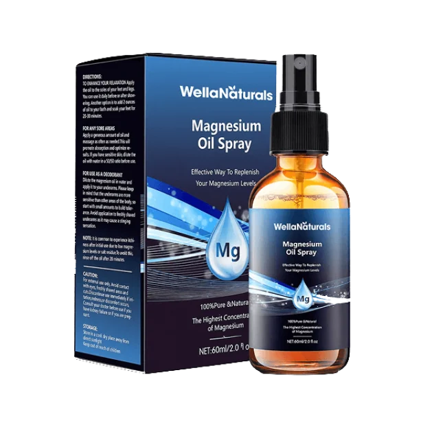 WellaNaturals Magnesium Oil Spray box and amber glass spray bottle, the seller's own product packshot